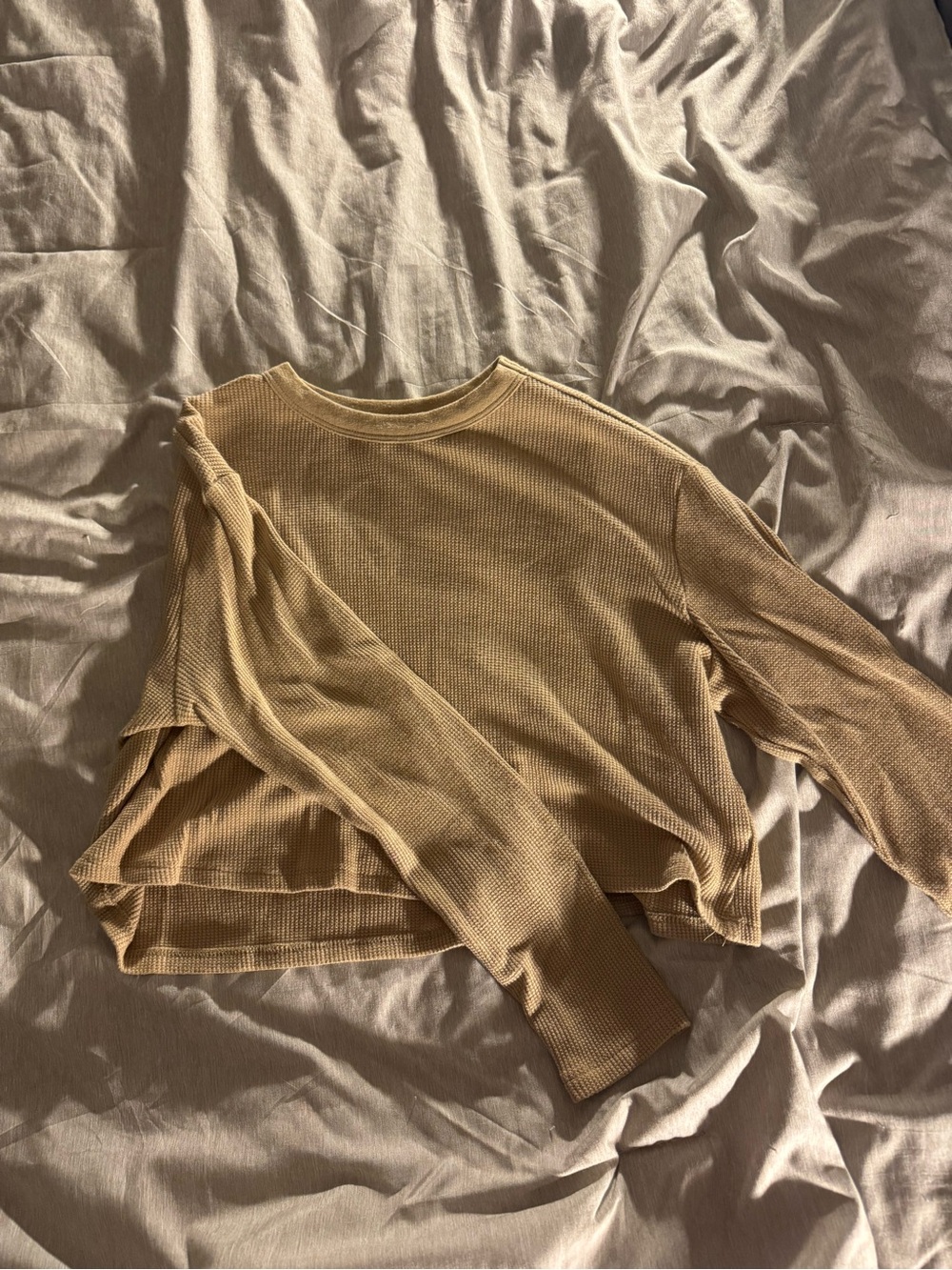 Dress Forum Cropped Waffle Knit Long-Sleeve Top - Tan